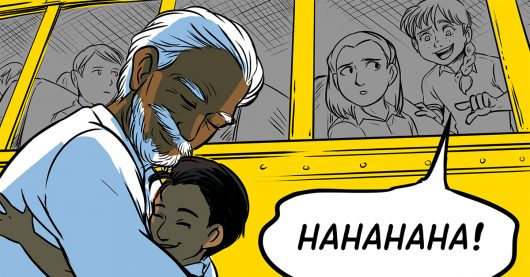 Girl on school bus laughing at Indian boy's grandfather